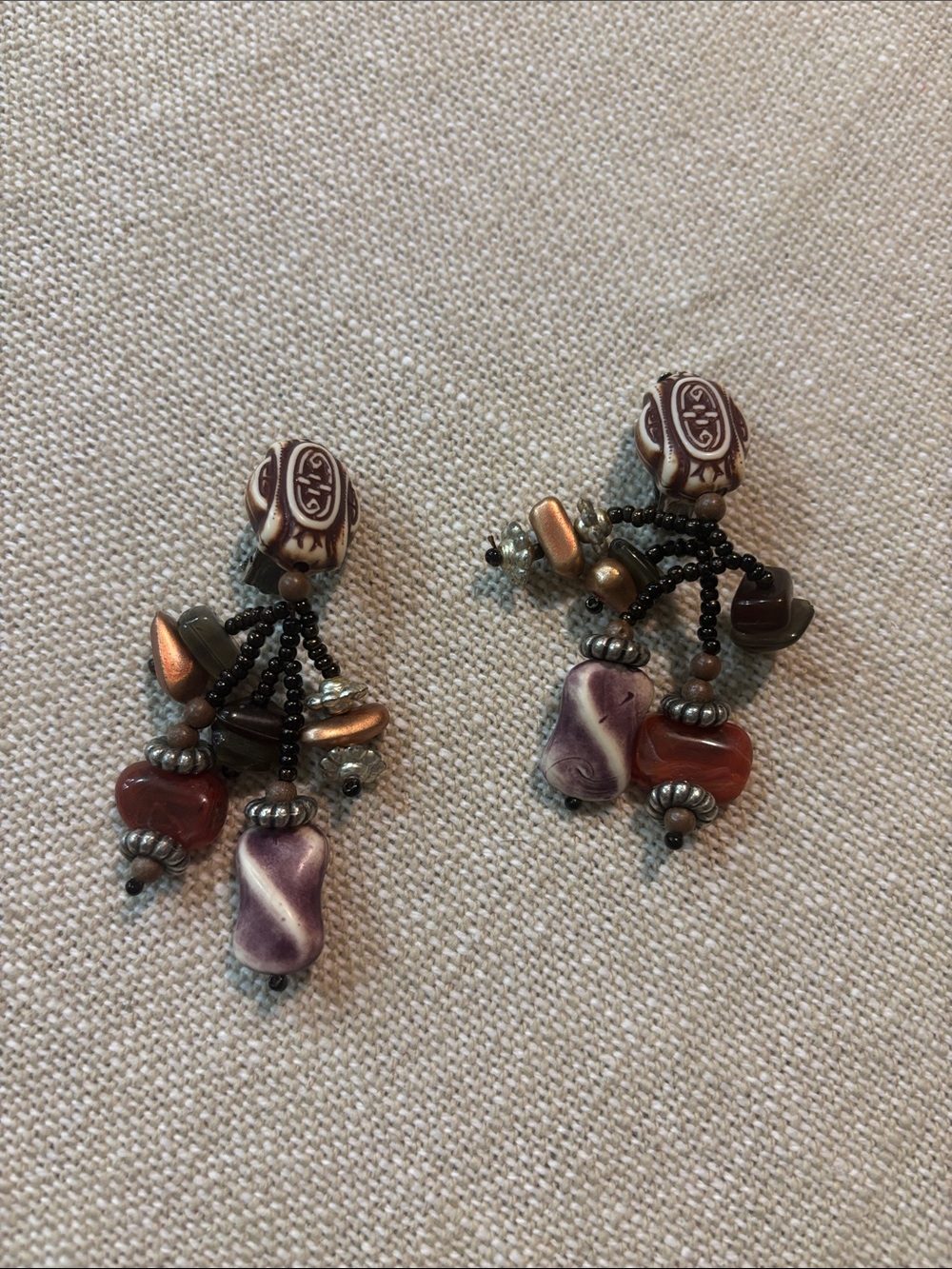 Beaded Dangle Clip Earrings in Purple and Brown with Mixed Metallic Accents
